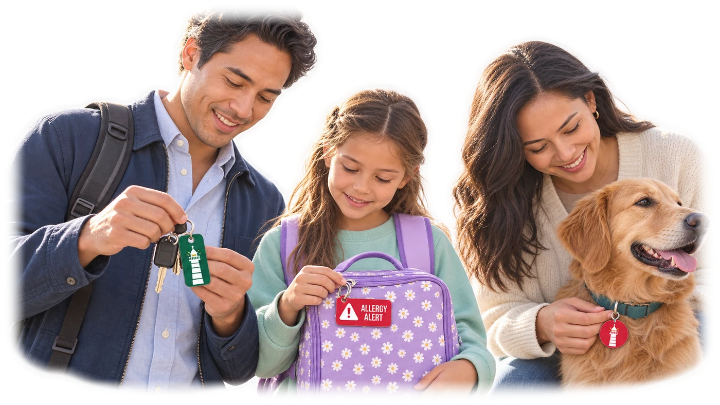 A man holding car keys with a South Pier tag, a girl with an allergy alert tag on her lunch bag, and a woman with a tag on her dog's collar