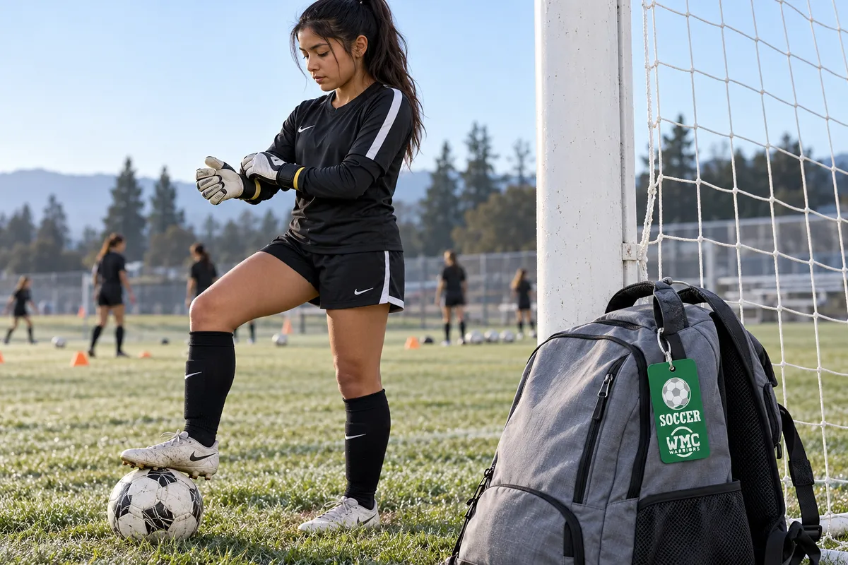 A goalkeeper pulls on her gloves by the goal, a green WMC soccer tag on her backpack