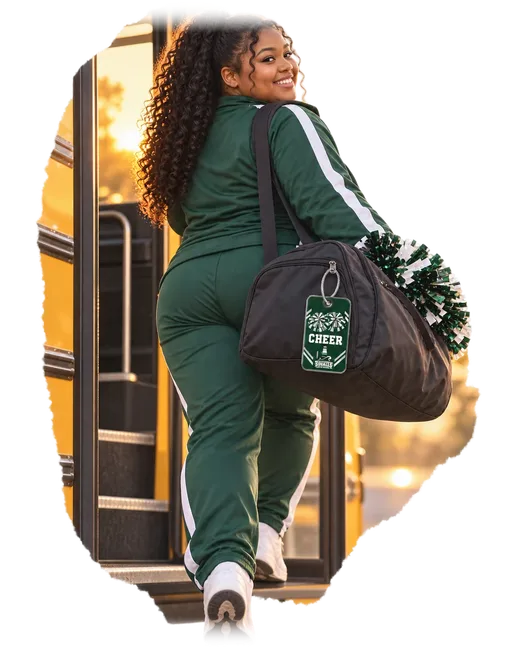 A cheerleader stepping off a bus with a South Pier cheer tag on her duffel