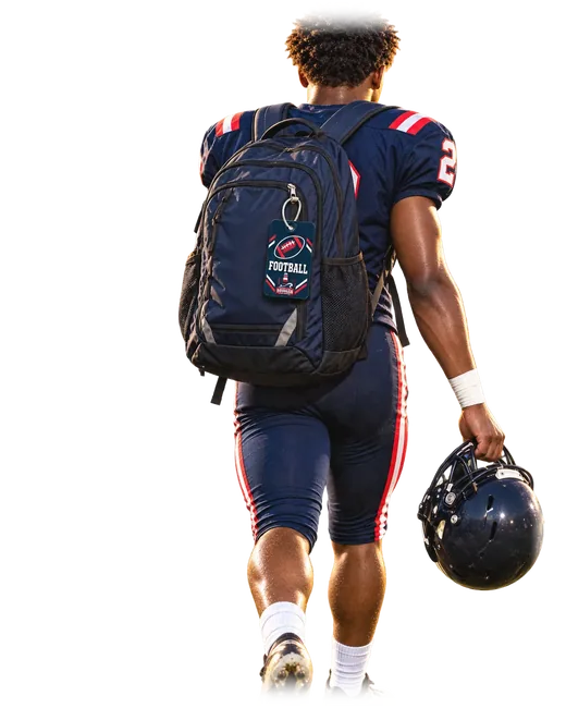A football player carrying a South Pier tag on his backpack
