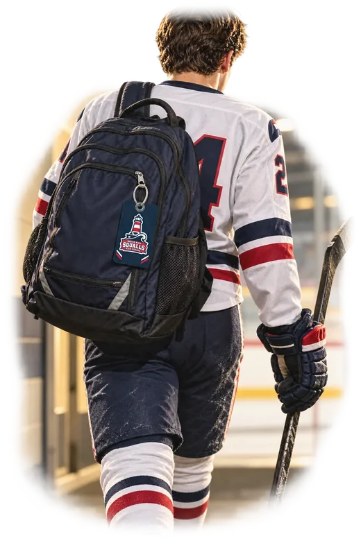 A hockey player leaving the rink with a South Pier tag on an equipment bag
