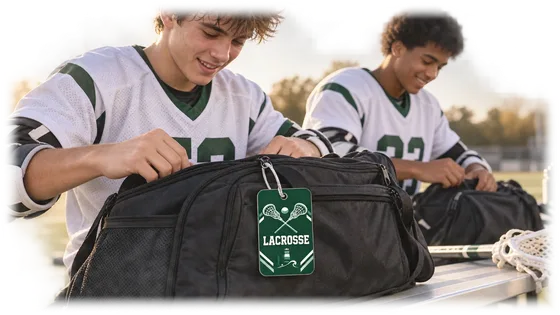 Two lacrosse players sorting gear bags using a South Pier lacrosse tag