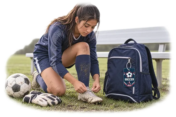A soccer goalkeeper tying a cleat beside a kit bag carrying a South Pier tag