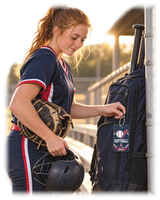 A softball player gathering gear beside a bat bag carrying a South Pier tag