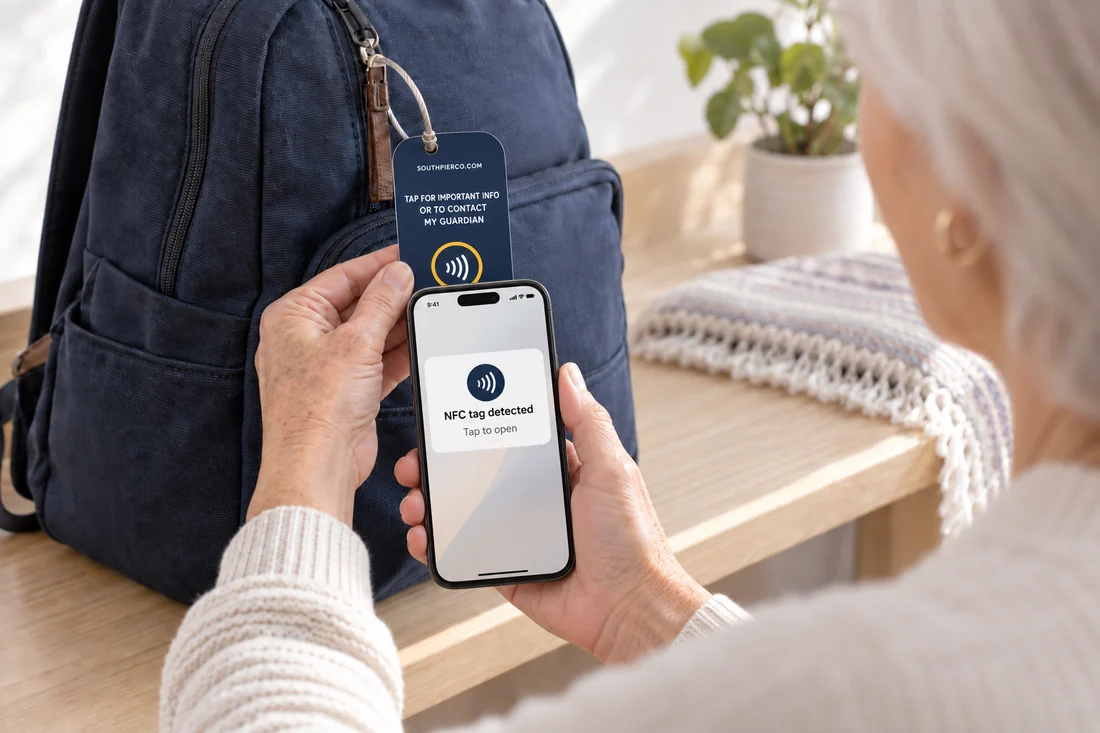 A woman holds her phone against the tap circle on a South Pier tag hanging from a backpack, and the phone shows a notification reading NFC tag detected, tap to open