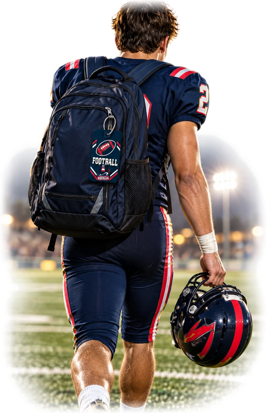 A football player carrying a backpack with a South Pier tag clipped to the zipper