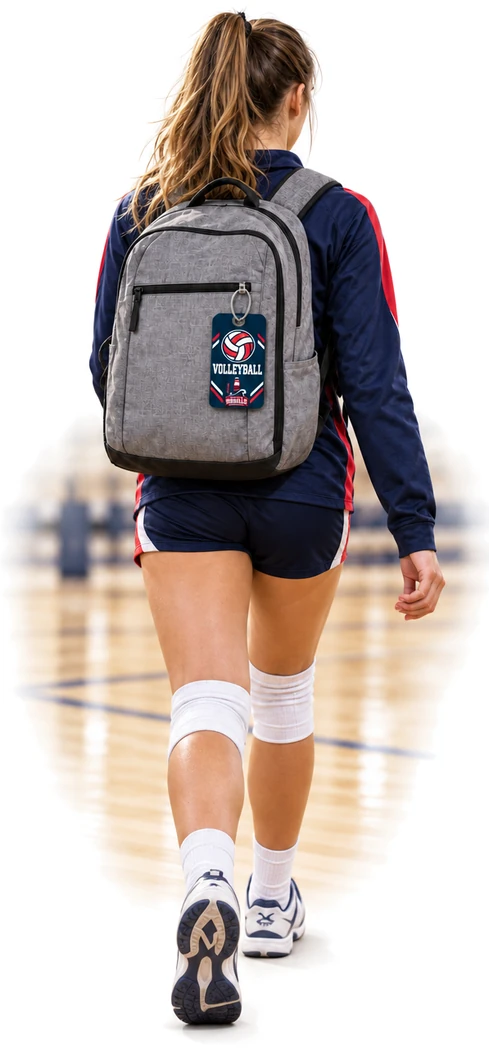 A volleyball player leaving the gym with a South Pier tag on her bag
