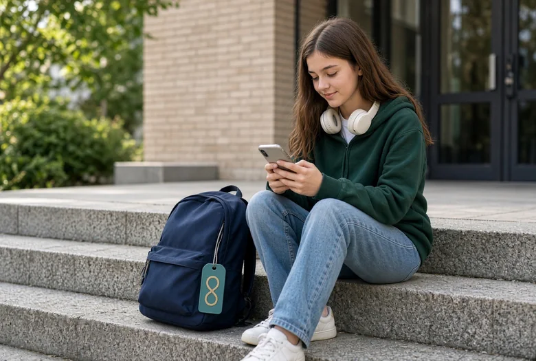 A student sitting on school steps with her phone, a teal South Pier autism tag with a gold infinity hanging from her navy backpack beside her