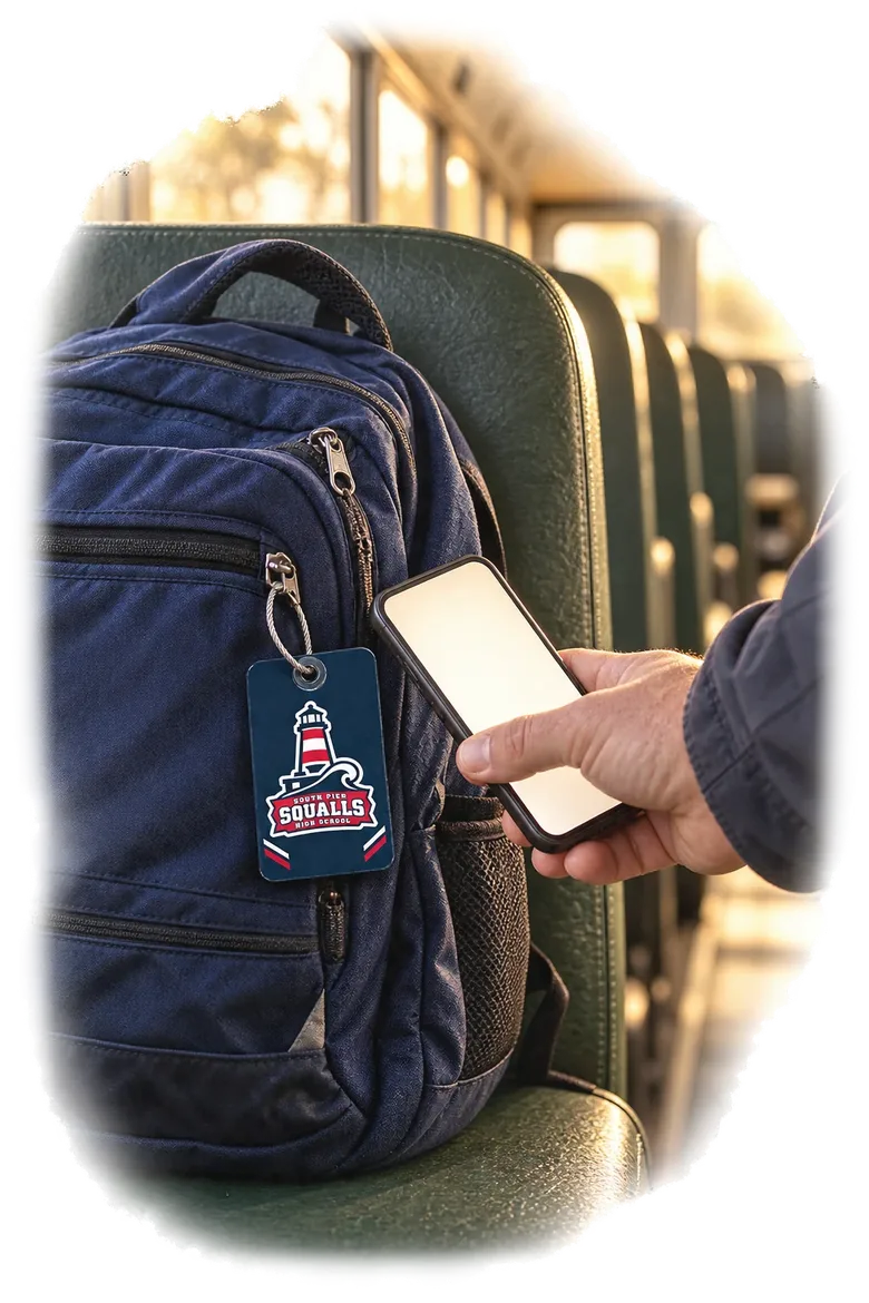 A school employee taps a South Pier tag on a backpack left behind on a bus