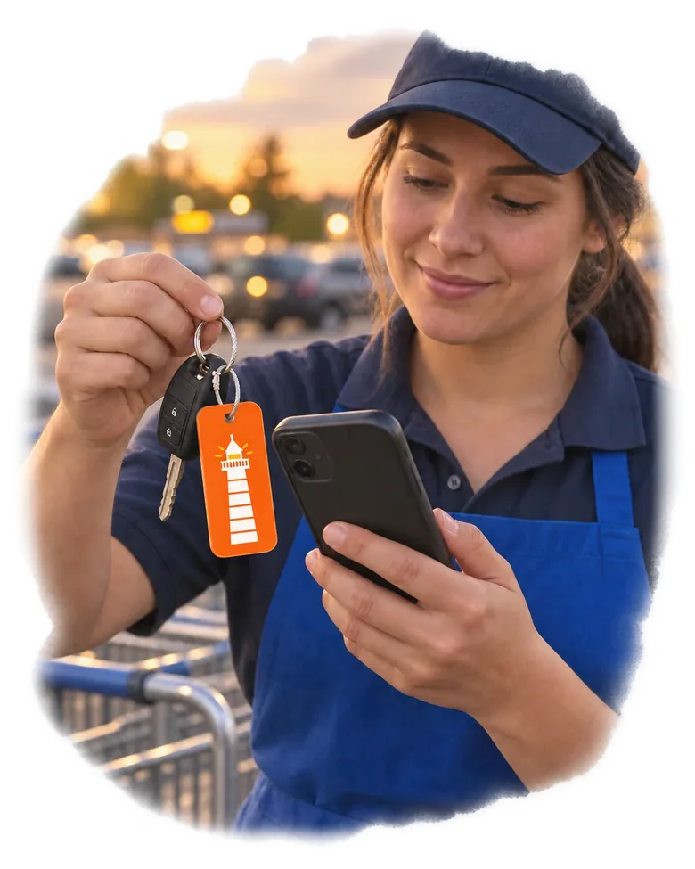 A grocery employee taps an orange South Pier If Found tag attached to a set of car keys