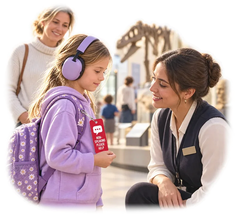 A nonspeaking child wearing headphones showing a South Pier communication tag to museum staff