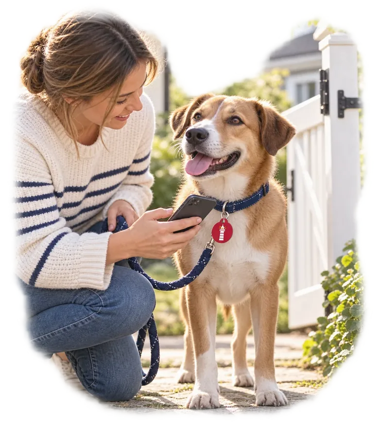 A neighbor taps the South Pier pet tag on a calm dog beside an open gate while its owner checks her phone