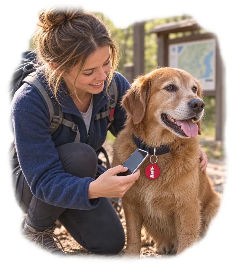 A hiker taps the South Pier pet tag on a calm found dog at a trailhead