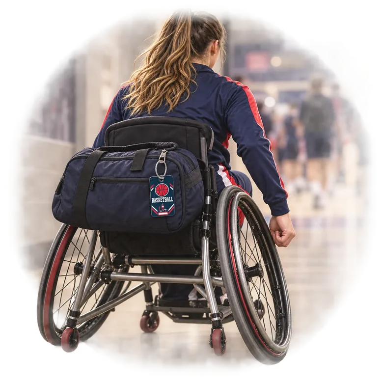 A wheelchair basketball player moving through an arena corridor with a South Pier tag on her gear bag
