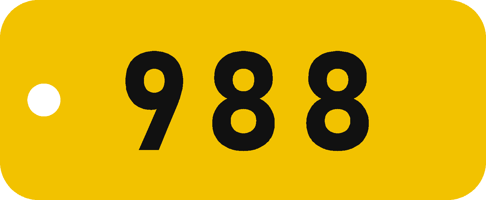 The 988 tag, front: the number 988 in black on a yellow tag
