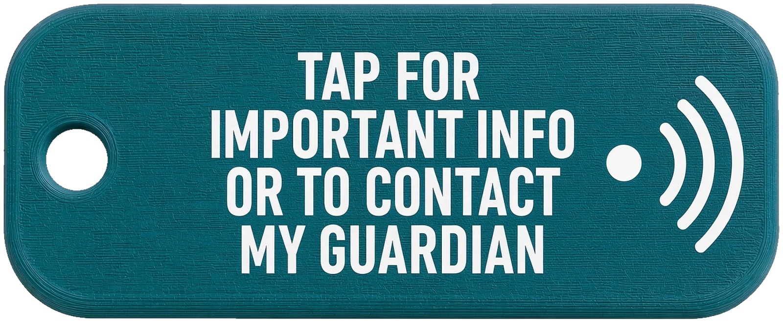 Autism tag, back: white contactless waves and four lines reading tap for important info or to contact my guardian