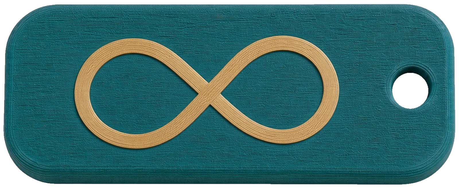 Autism tag, front: a gold infinity symbol on teal
