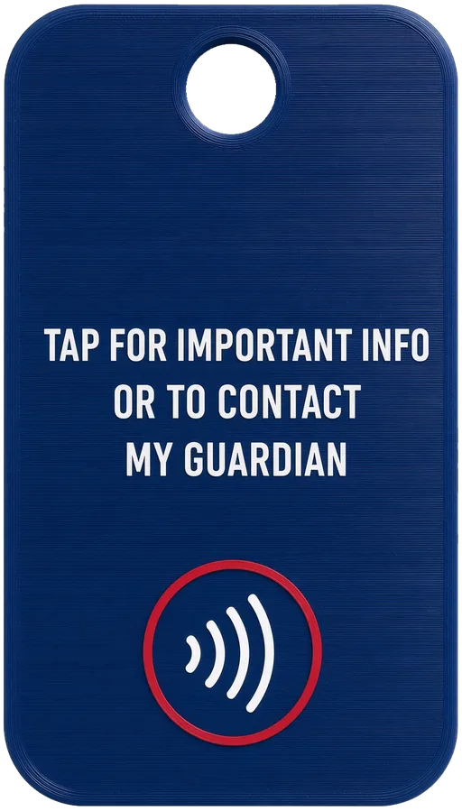The back of a South Pier tag: tap for important info or to contact my guardian