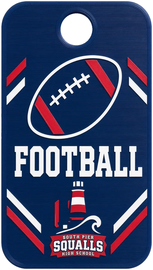 The front of a South Pier tag: the sport artwork and the school crest