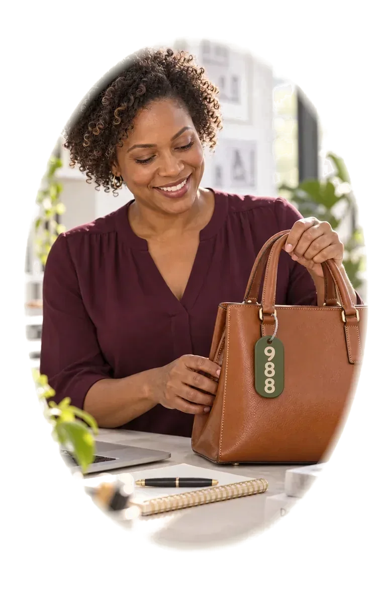 A woman setting a tan leather work bag on her desk with the 988 tag clipped to the handle on a short steel cable