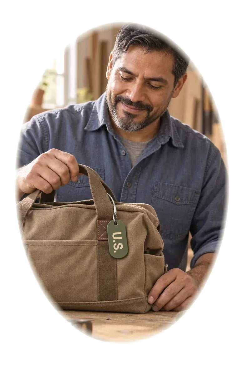 A man setting a canvas tool bag on a workbench with the U.S. tag clipped to the handle