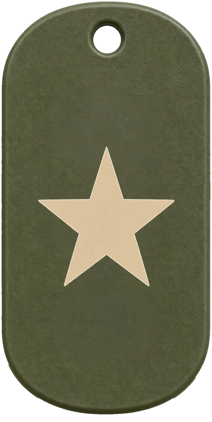 The South Pier Star tag: an olive drab dog tag with a tan five-point star